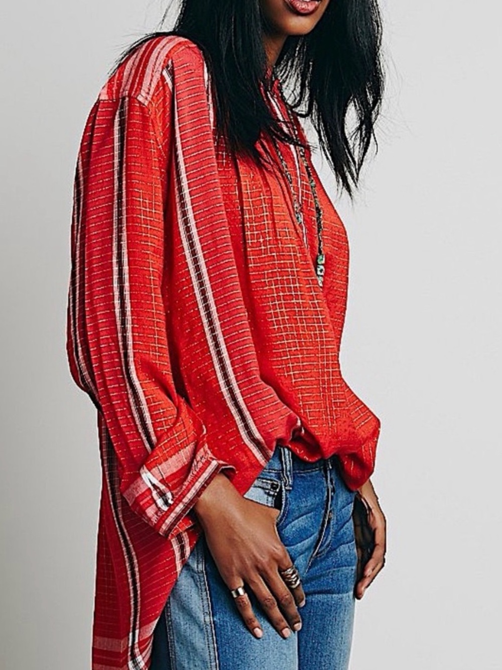 Free People Orange and Gold Long Sleeve Yarn Dye Lurex Tunic Top, Small